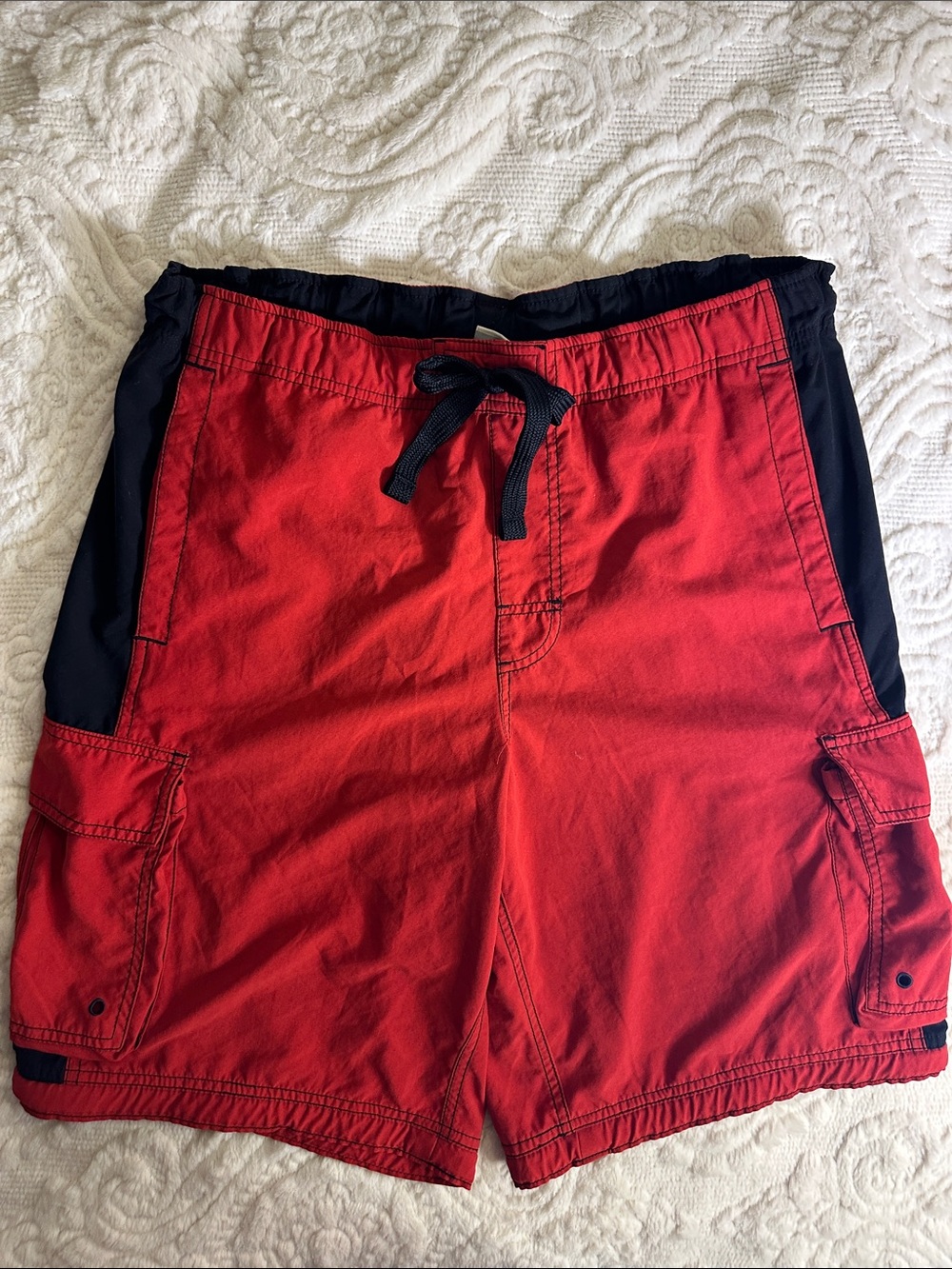 Nike Red Swim Shorts with Black trim and pockets